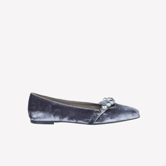 BALLERINA IN VELLUTO CON CINTURINO CON PERLE LILISA - Grigio | Roberto Festa