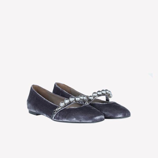 BALLERINA IN VELLUTO CON CINTURINO CON PERLE LILISA - Grigio | Roberto Festa