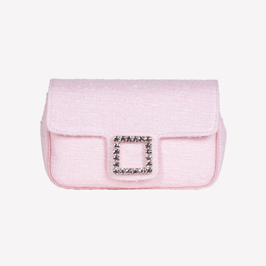 PEONY COLOURED TWEED SHOULDER FLAP BAG WITH CRYSTAL ACCESSORY LUNETTE - Mix & Match | Roberto Festa