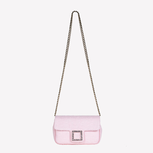 PEONY COLOURED TWEED SHOULDER FLAP BAG WITH CRYSTAL ACCESSORY LUNETTE - Mix & Match | Roberto Festa