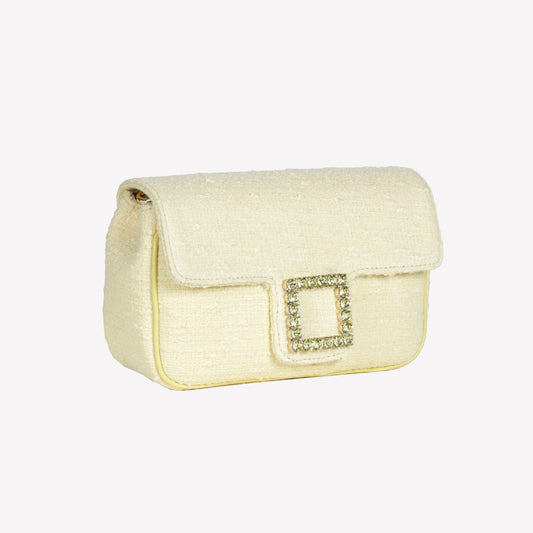 BORSA FLAP A SPALLA IN TWEED COLOR MIMOSA CON ACCESSORIO DI CRISTALLI LUNETTE - Giallo | Roberto Festa