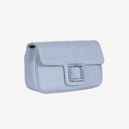LIGHT BLUE TWEED SHOULDER FLAP BAG WITH CRYSTAL BEZELS ACCESSORY LUNETTE - Celeste | Roberto Festa