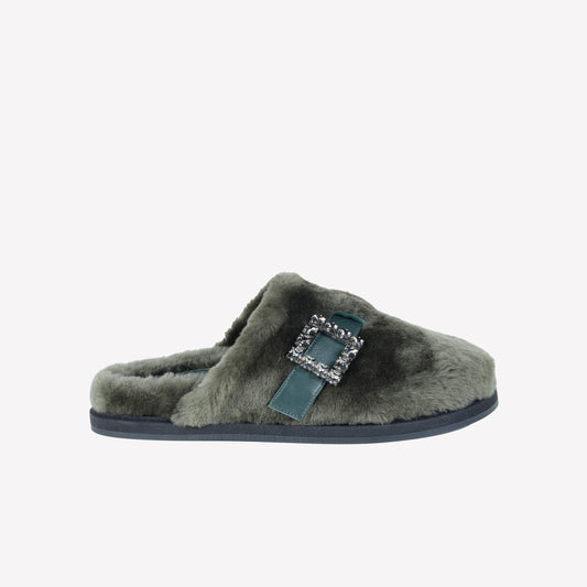 FOREST SHEEPSKIN MULES WITH CRYSTAL BUCKLE MARCUS - Verde | Roberto Festa