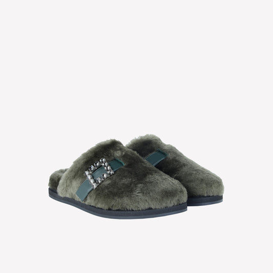 FOREST SHEEPSKIN MULES WITH CRYSTAL BUCKLE MARCUS - Verde | Roberto Festa