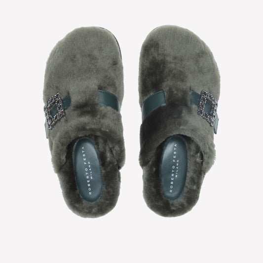 FOREST SHEEPSKIN MULES WITH CRYSTAL BUCKLE MARCUS - Verde | Roberto Festa