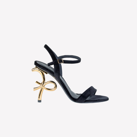 BLACK VELVET SANDAL WITH  LOGO SCULPTURE  HEEL META - Nero | Roberto Festa