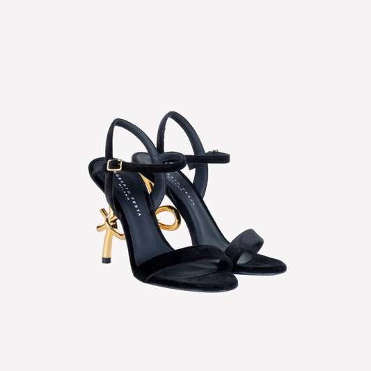 BLACK VELVET SANDAL WITH  LOGO SCULPTURE  HEEL META - Nero | Roberto Festa