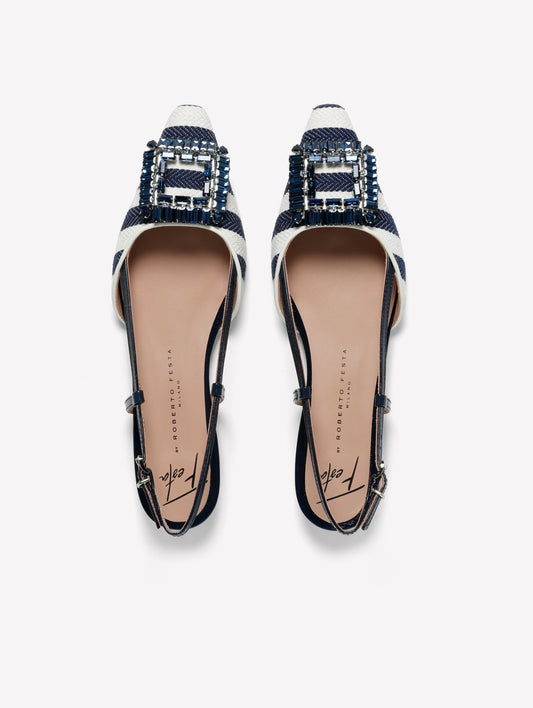 SLINGBACK IN WHITE AND BLUE STRIPED FABRIC WITH SQUARE ACCESSORY MIMMA - Blu | Roberto Festa