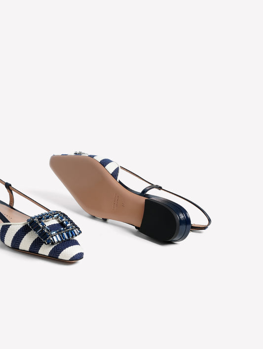 SLINGBACK IN WHITE AND BLUE STRIPED FABRIC WITH SQUARE ACCESSORY MIMMA - Blu | Roberto Festa