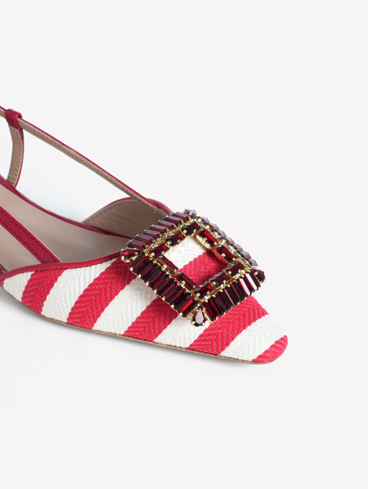 SLINGBACK IN TESSUTO RIGATO BIANCO E ROSSO  CON ACCESSORIO QUADRATO MIMMA - Rosso | Roberto Festa