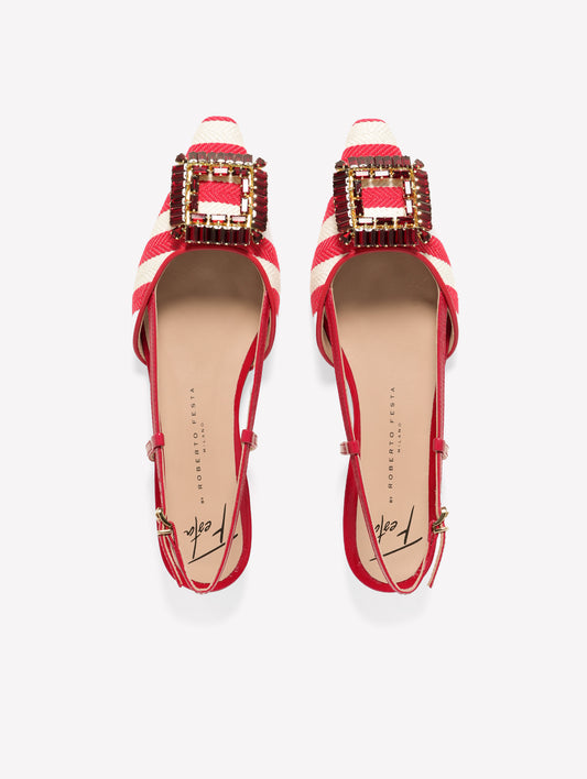 SLINGBACK IN TESSUTO RIGATO BIANCO E ROSSO  CON ACCESSORIO QUADRATO MIMMA - Rosso | Roberto Festa