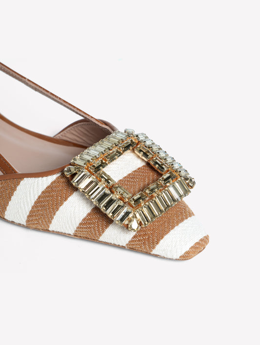 SLINGBACK IN WHITE AND BEIGE STRIPED FABRIC WITH SQUARE ACCESSORY MIMMA - Beige | Roberto Festa