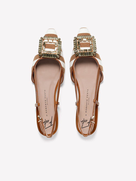 SLINGBACK IN WHITE AND BEIGE STRIPED FABRIC WITH SQUARE ACCESSORY MIMMA - Beige | Roberto Festa