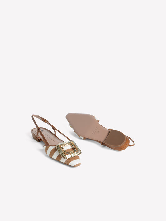 SLINGBACK IN WHITE AND BEIGE STRIPED FABRIC WITH SQUARE ACCESSORY MIMMA - Beige | Roberto Festa