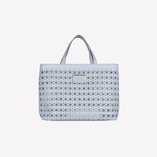 ICE-COLORED LEATHER SHOULDER BAG WITH CUT-OUT WORK AND TULLE MIRTE - Products | Roberto Festa