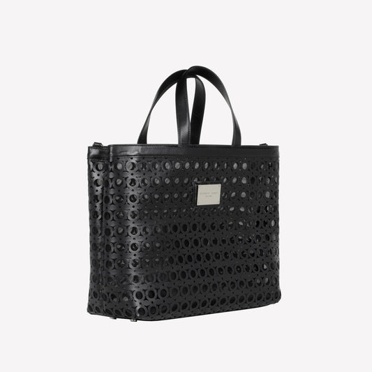 BLACK-COLORED LEATHER SHOULDER BAG WITH CUT-OUT WORK AND TULLE MIRTE - Products | Roberto Festa