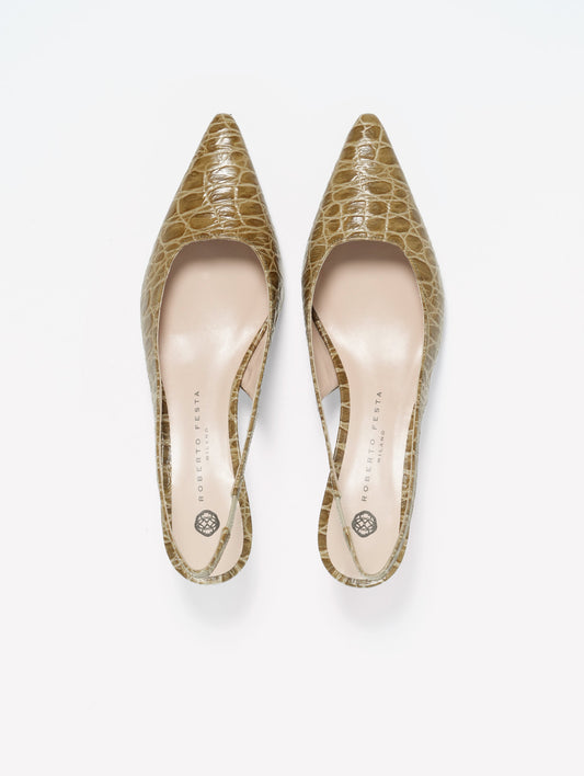 MILITARY GREEN CROCODILE PRINT LEATHER SLINGBACK MIXIA - Verde | Roberto Festa