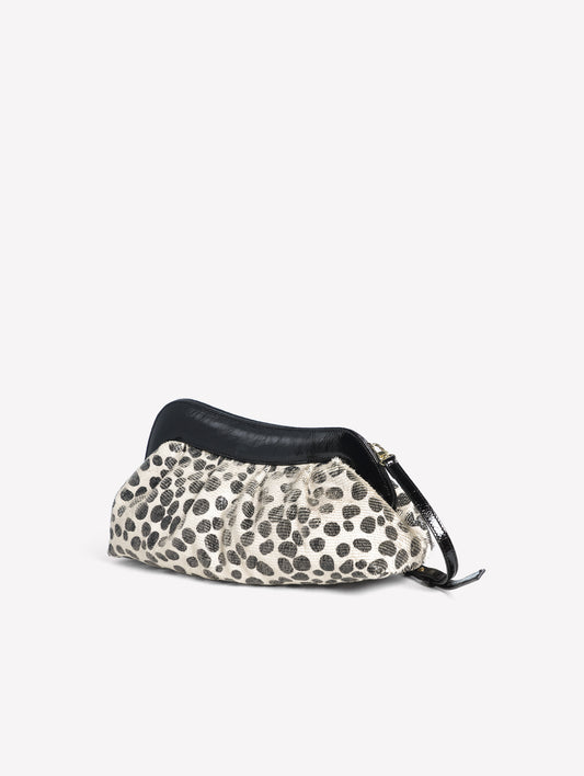 POUCH IN PELLE LASERATA CON STAMPA A POIS BIANCO E NERO CON CORNICE IN PELLE NAYARA - bianco_nero | Roberto Festa