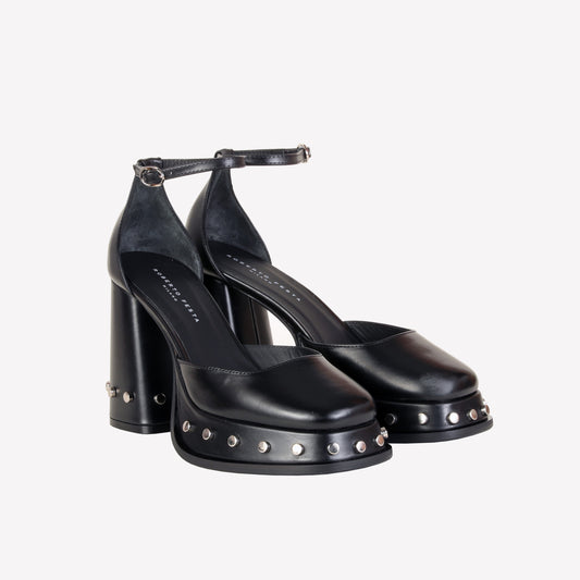 NICLA BLACK LEATHER PUMP WITH PLATFORM AND ANKLE STRAP - Trendsetter | Roberto Festa