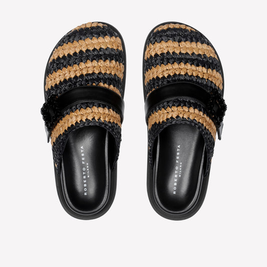 MULES IN RAFFIA BICOLORE NERO CARAMEL CON FIBBIA CRISTALLO PALMA - nero_marrone | Roberto Festa