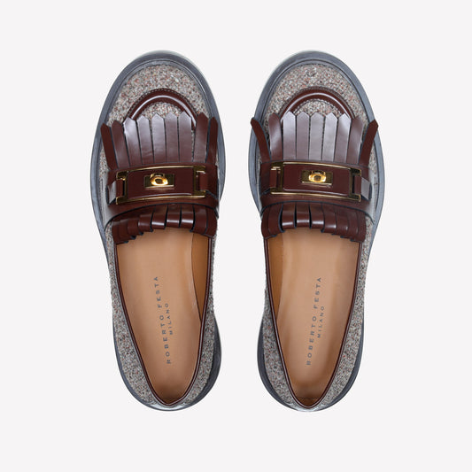 WOOL LOAFER WITH LEATHER FRINGE AND BRASS ACCESSORY RAFS - Marrone | Roberto Festa