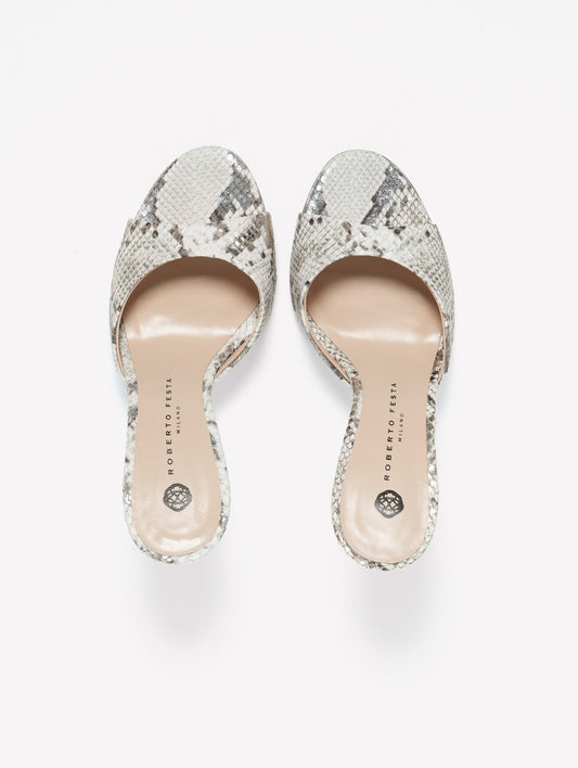 LEATHER MULE WITH PYTHON PRINT AND GOLD INSERT WITH HIGH HEEL RAMAS - Grey and gold | Roberto Festa