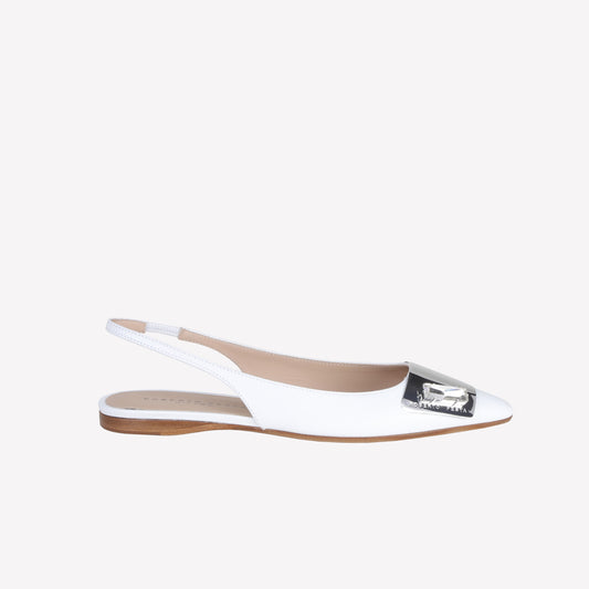 slingback flat in softy bianco con accessorio placca e strass in tinta rex - Bianco | Roberto Festa