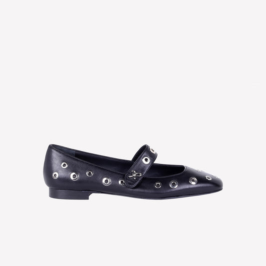 NAPPA LEATHER BALLERINA WITH EYELET STUDS AND STRAP ON INSTEP ROCK - Nero | Roberto Festa