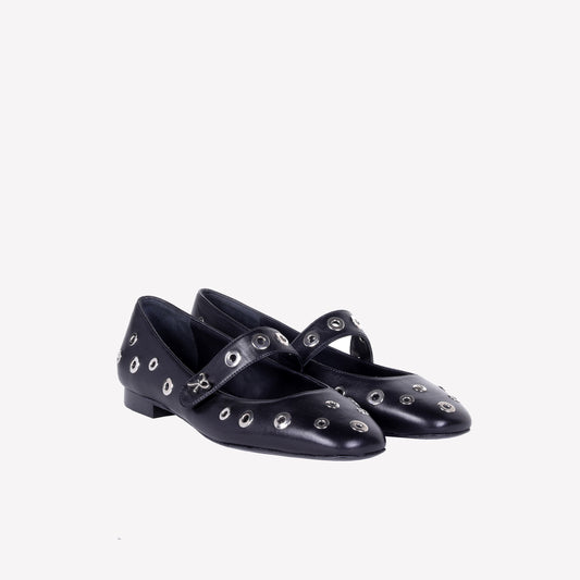NAPPA LEATHER BALLERINA WITH EYELET STUDS AND STRAP ON INSTEP ROCK - Nero | Roberto Festa