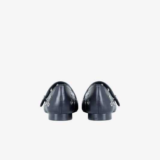 NAPPA LEATHER BALLERINA WITH EYELET STUDS AND STRAP ON INSTEP ROCK - Nero | Roberto Festa