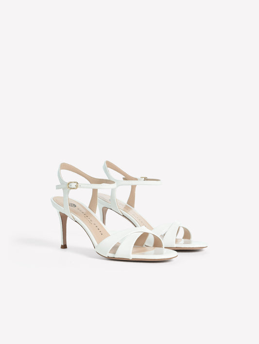 WHITE PATENT LEATHER SANDALS WITH ANKLE STRAP AND CROSSED TOE WITH MEDIUM HEEL ROMILDA - Bridal Shoes | Roberto Festa