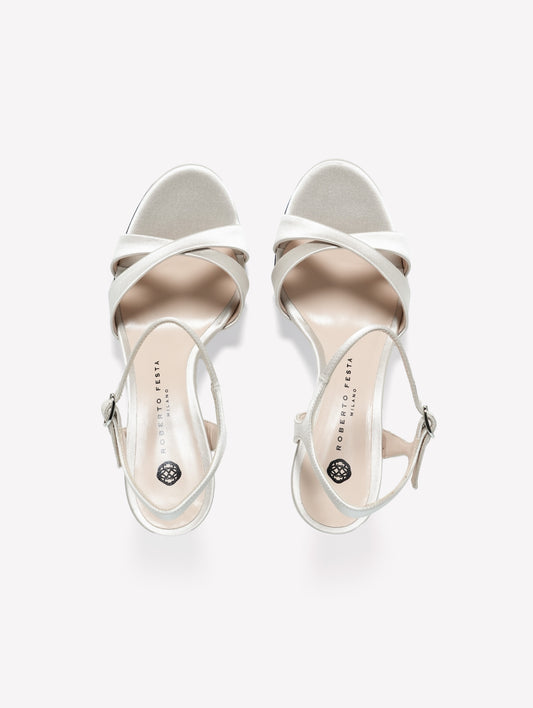 PEARL-COLORED SATIN SANDAL WITH ANKLE STRAP AND CROSSED TOES ROMILDA - Bianco | Roberto Festa