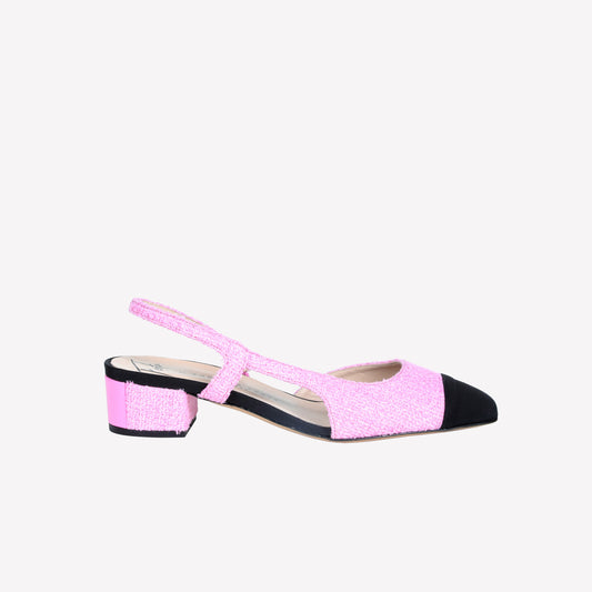 SLINGBACK IN TWEED PINK AND BLACK TOE ROSETTE - Women&#39;s Shoes: Elegant Footwear | Official Site