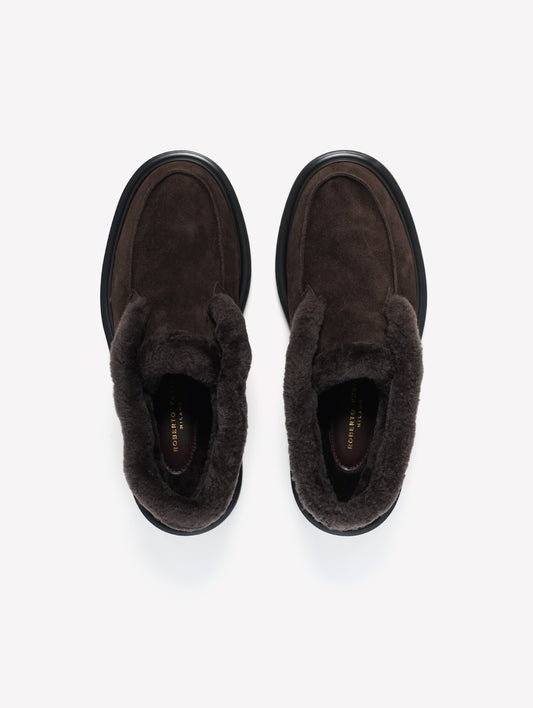 DARK BROWN LEATHER ANKLE BOOTS WITH TONE-ON-TONE FUR LINING SABINA - Brown | Roberto Festa