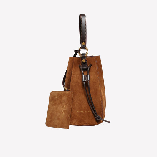 BORSA SECCHIELLO IN PELLE SCAMOSCIATA COLOR ROVERE SAFIRA - Marrone | Roberto Festa