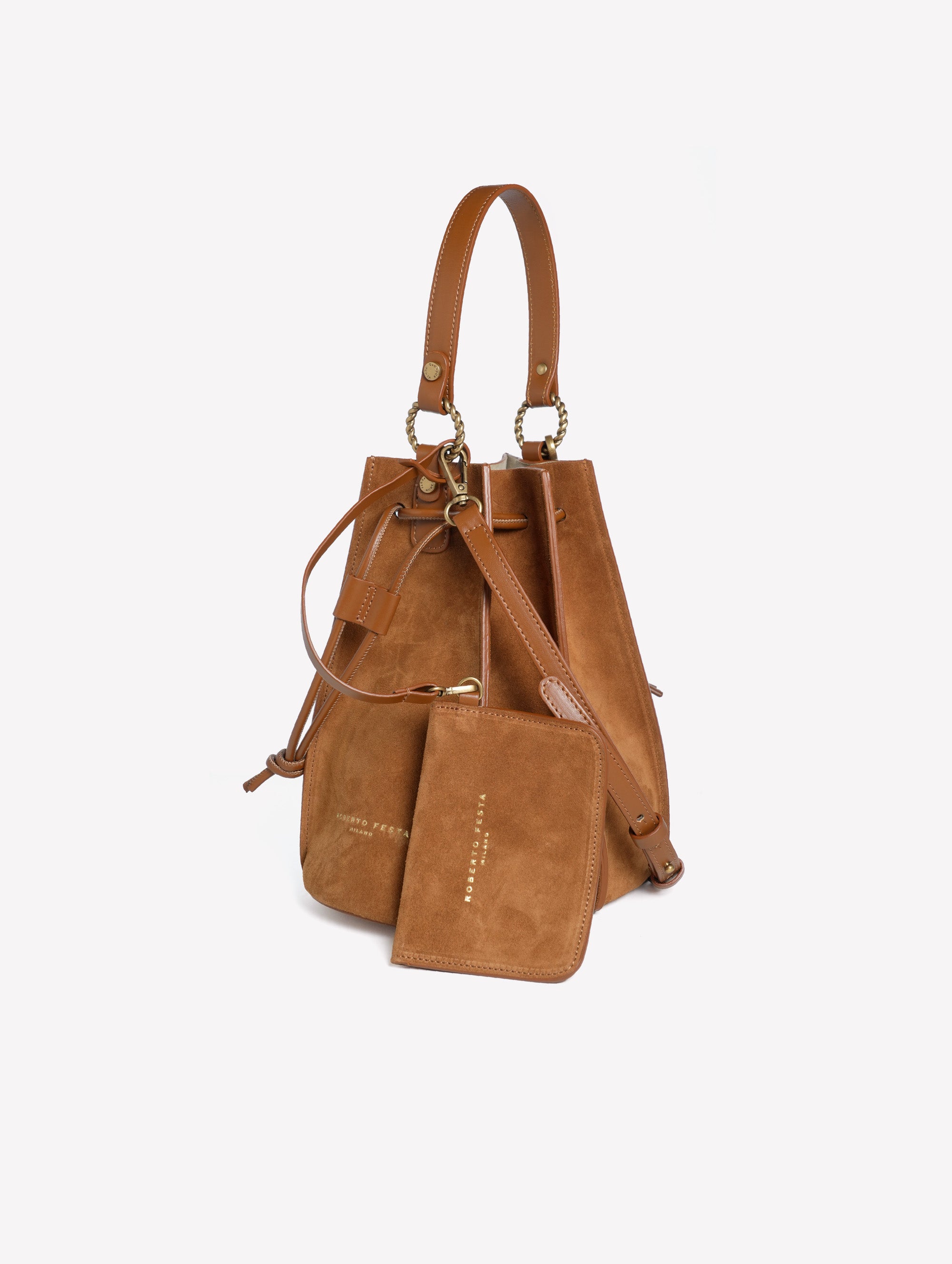 LEATHER-COLORED SUEDE BUCKET BAG WITH LEATHER TRIM SAFIRA