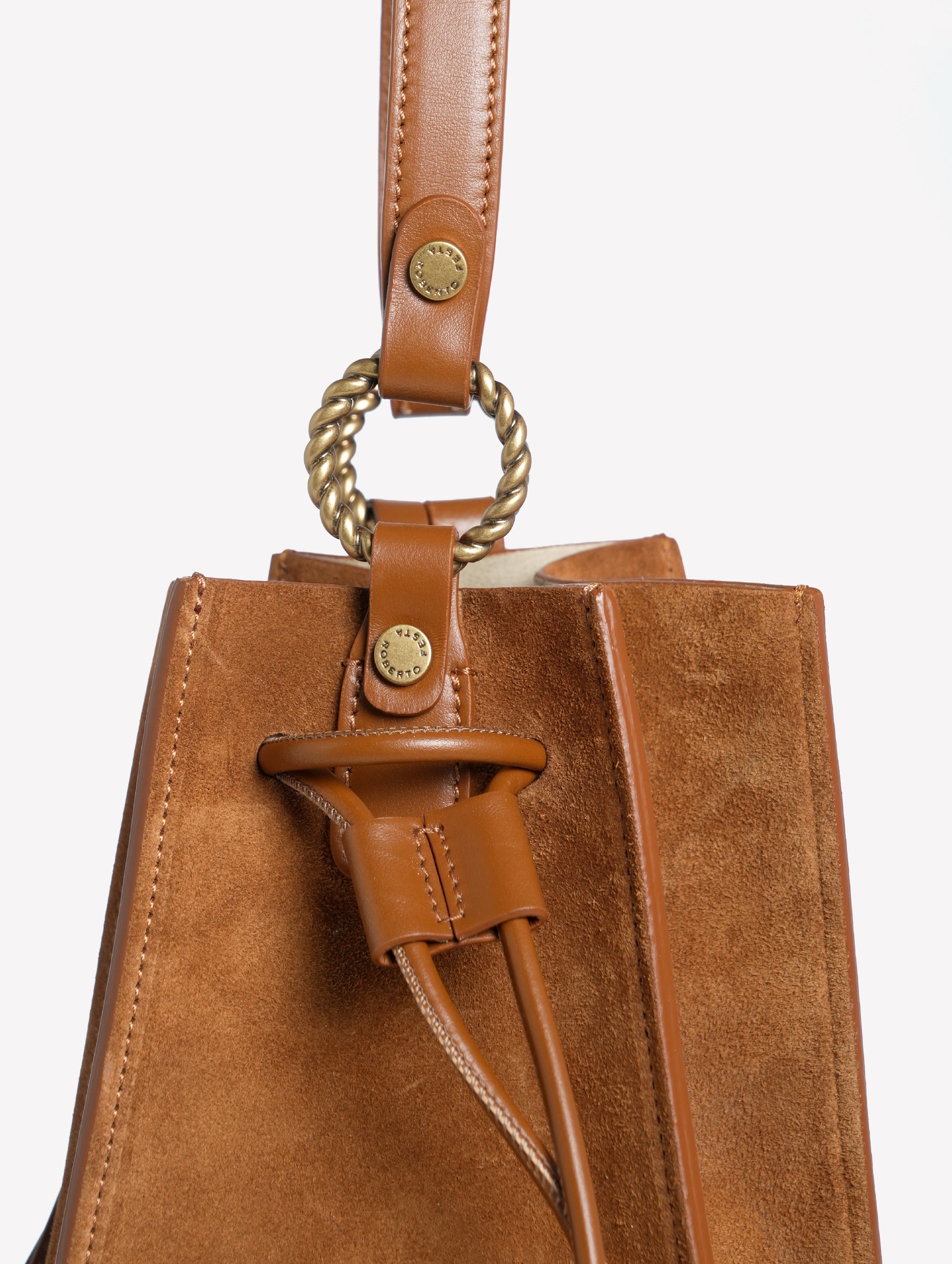 LEATHER-COLORED SUEDE BUCKET BAG WITH LEATHER TRIM SAFIRA