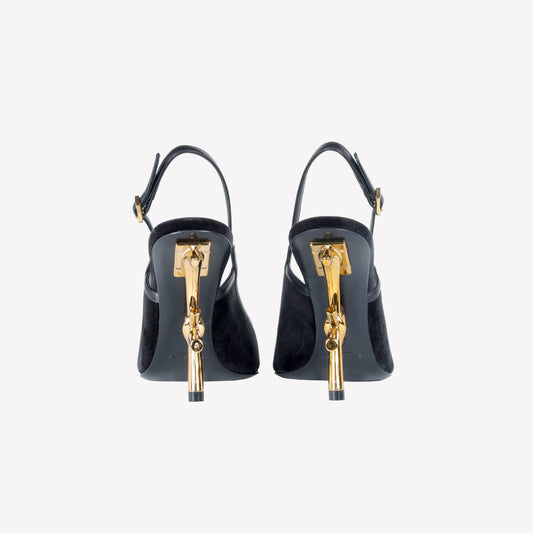  VELVET SLINGBACK WITH LOGO SCULPTURE HEEL SANDY - Nero | Roberto Festa