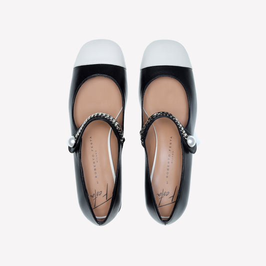 NERO LAMBSKIN MARY JANE DÉCOLLETÉ WITH CREAM TIP SELENE - Nero | Roberto Festa