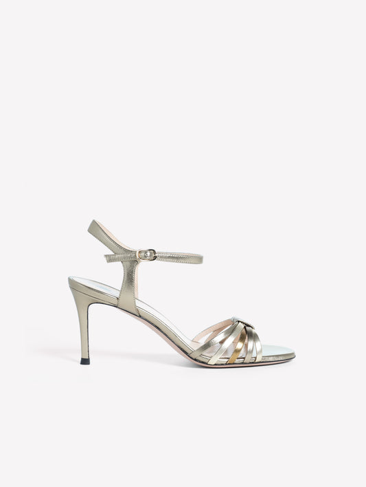 TITANIUM-COLORED LAMINATED LEATHER SANDAL WITH INTERLACED STRAPS AND MEDIUM HEEL SEMIA - Bridal Shoes | Roberto Festa