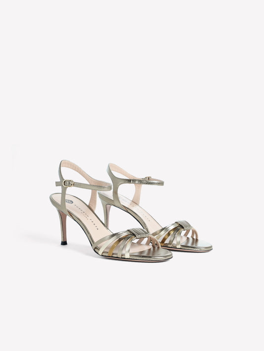TITANIUM-COLORED LAMINATED LEATHER SANDAL WITH INTERLACED STRAPS AND MEDIUM HEEL SEMIA - Bridal Shoes | Roberto Festa