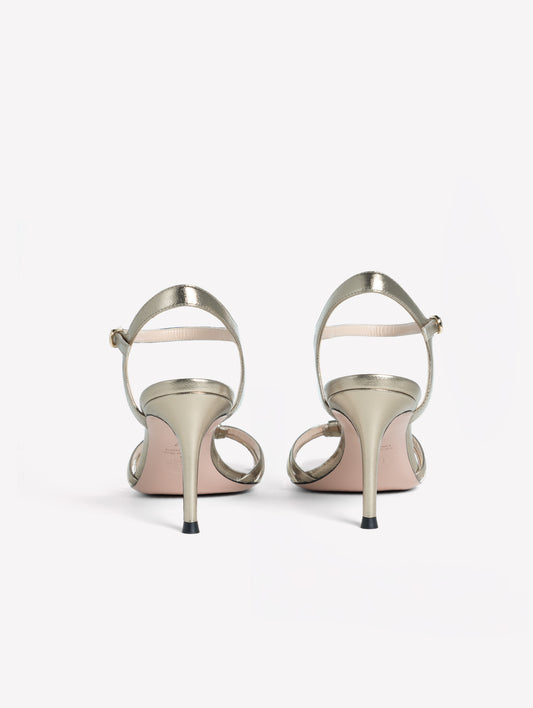 TITANIUM-COLORED LAMINATED LEATHER SANDAL WITH INTERLACED STRAPS AND MEDIUM HEEL SEMIA - Grigio | Roberto Festa
