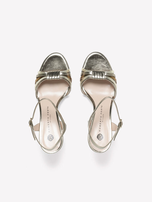TITANIUM-COLORED LAMINATED LEATHER SANDAL WITH INTERLACED STRAPS AND MEDIUM HEEL SEMIA - Grigio | Roberto Festa