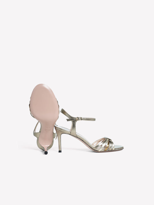 TITANIUM-COLORED LAMINATED LEATHER SANDAL WITH INTERLACED STRAPS AND MEDIUM HEEL SEMIA - Grigio | Roberto Festa