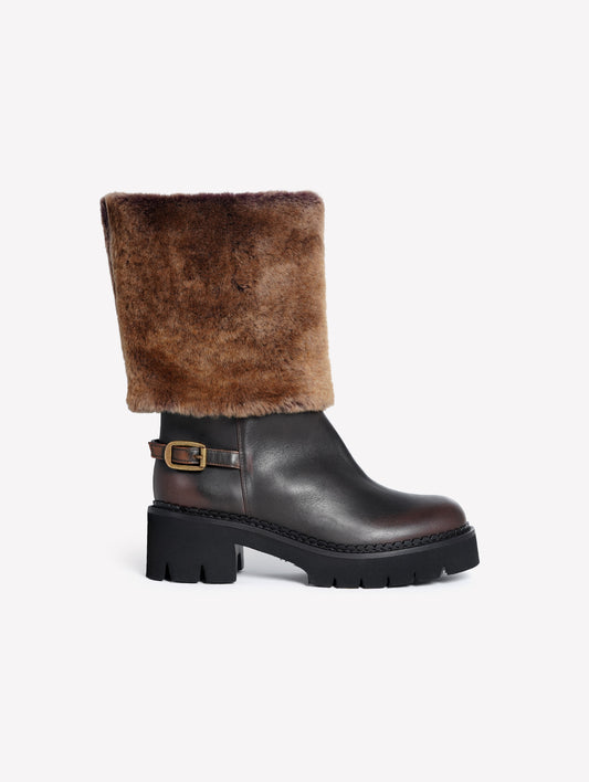 DARK BROWN CALFSKIN BIKER BOOTS WITH FUR-TRIMMED LEGS SESTRIER - Brown | Roberto Festa
