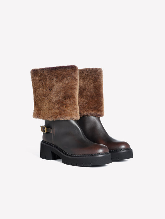 DARK BROWN CALFSKIN BIKER BOOTS WITH FUR-TRIMMED LEGS SESTRIER - Brown | Roberto Festa
