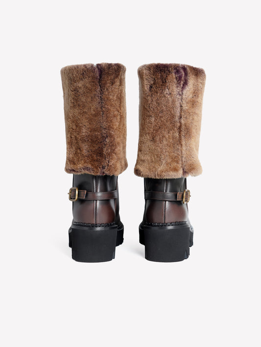DARK BROWN CALFSKIN BIKER BOOTS WITH FUR-TRIMMED LEGS SESTRIER - Brown | Roberto Festa