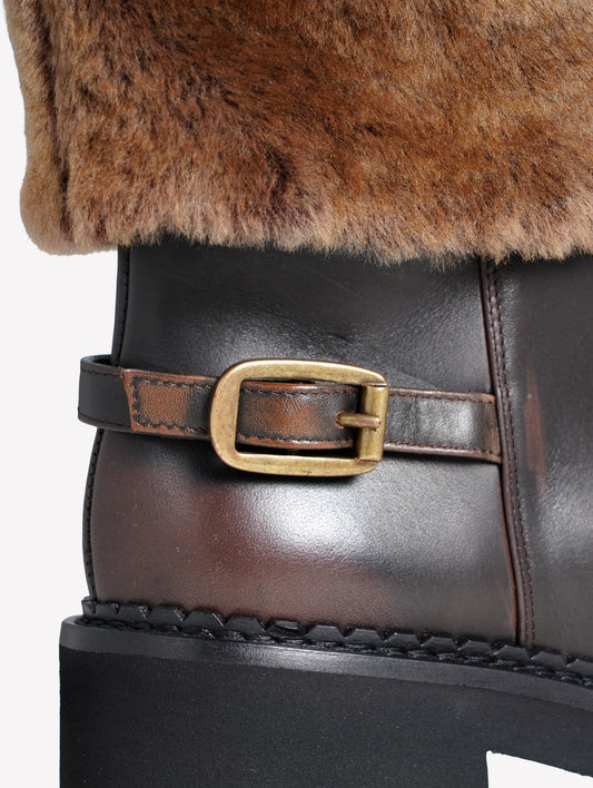 DARK BROWN CALFSKIN BIKER BOOTS WITH FUR-TRIMMED LEGS SESTRIER - Brown | Roberto Festa