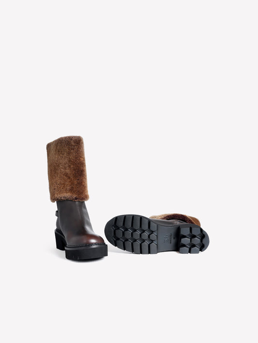 DARK BROWN CALFSKIN BIKER BOOTS WITH FUR-TRIMMED LEGS SESTRIER - Brown | Roberto Festa