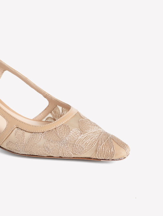 TULLE SLINGBACK WITH EMBROIDERED FLOWERS SIRLA - Beige | Roberto Festa